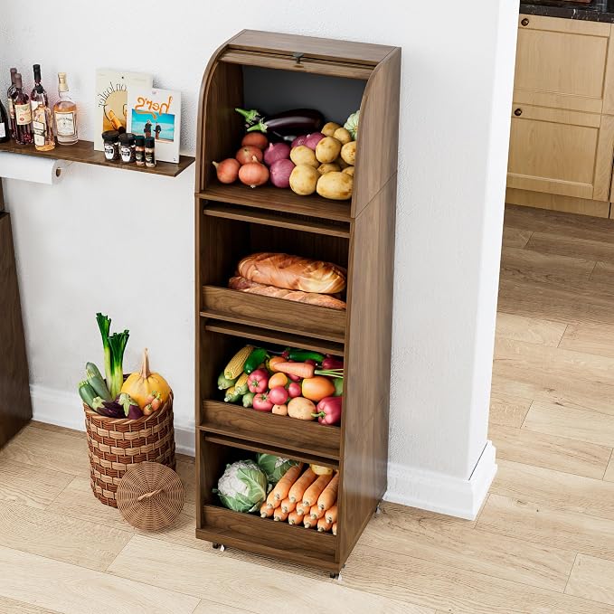 Movable Potato Storage Bins, Fruit Vegetable Basket, Kitchen Pantry Cabinet | Tall Large Potato and Onion Storage Bin, for Bread, Mid Century Modern, Wooden, with Sliding Door and Wheels, 4 Tier, Walnut - Image 2