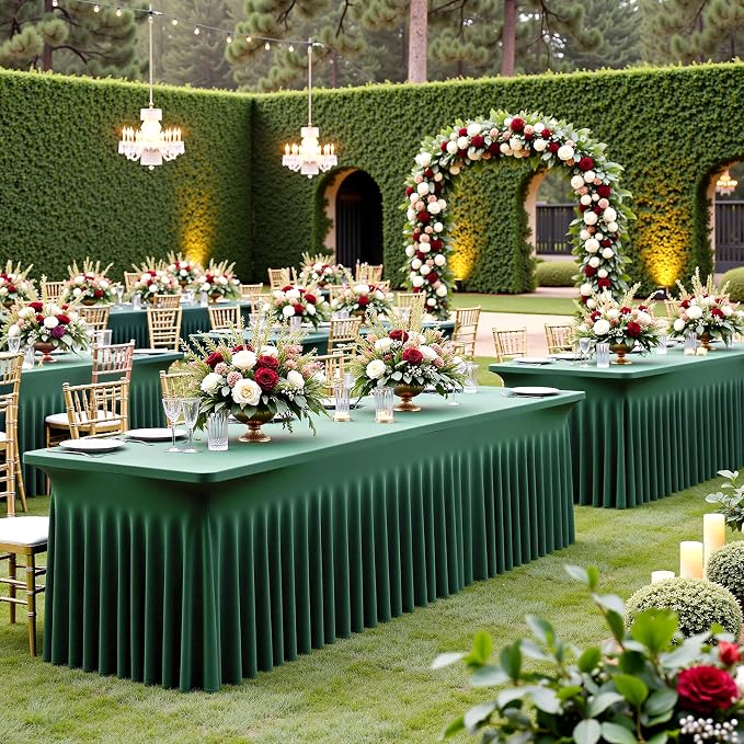 2 pk Hunter Green Spandex Tablecloth for 6 Foot Rectangle Tables, Wrinkle Free Fitted Spandex Table Covers 6ft Green Stretch Table Cloths with Ruffle Skirt for Parties Weddings Banquet Baby Shower - Image 3