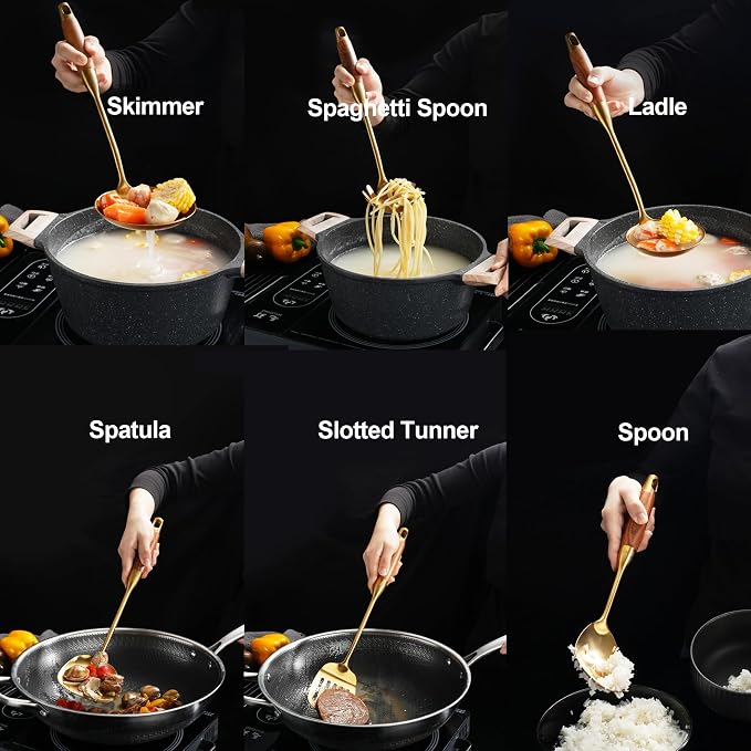 Gold Kitchen Utensils Set Stainless Steel 9 PCS with Wooden Handle | Food-grade 304, Sturdy, Wooden Handle, Anti scald, Work with large batches, Good weight, Well Balance, 13-14 Inch - Image 2