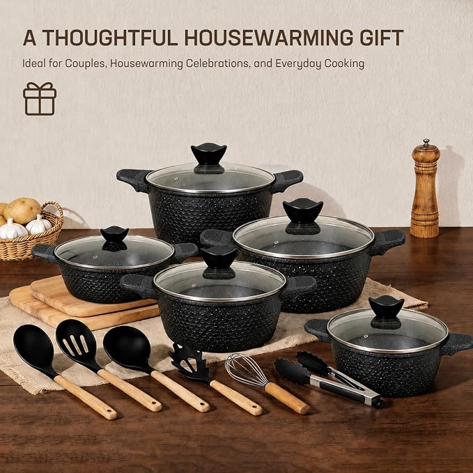 16PCS Cookware Set - Home Nonstick Stock Pot with Glass Lid, Pots and Pans Set, Cooking Pots Set, Cast Aluminum, Stay Cool Handles Dishwasher Safe, PTFE/PFOA Free, Speckled Black（Fish Scale Shaped) - Image 2