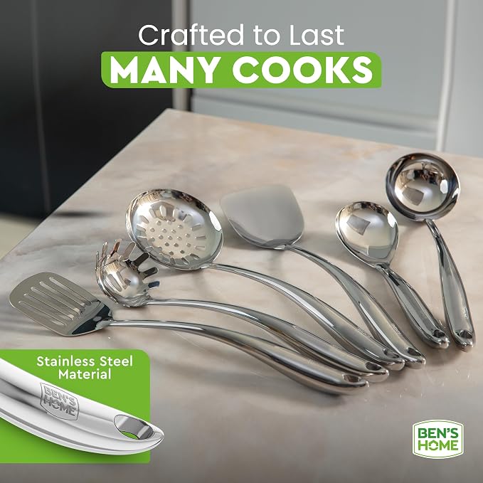 BEN'SHOME 6-Piece Stainless Steel Kitchen Utensil Set with Rotating Holder Stand - Metal Cooking Utensils Set Includes Spatula, Ladle, Serving Spoons, Spaghetti Server - Dishwasher Safe (Polished) - Image 2