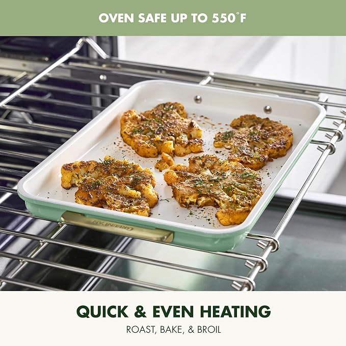 GreenPan Bakeware 13" x 9" Quarter Sheet Pan, Ceramic Nonstick Baking Pan, PFAS & BPA Free, Gold Handles, Durable Steel, Versatile & Space Saving Ovenware, Freezer to Oven Dish, Sage Green - Image 6