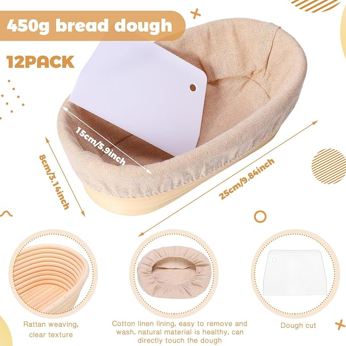 Gejoy 12 Set Bread Proofing Baskets Oval Shaped Banneton Dough Proofing Bowls Kit with Cloth Liner and Plastic Scraper Sourdough Proofing Basket for Home Sourdough Bakers Supplies (10 Inch) - Image 2
