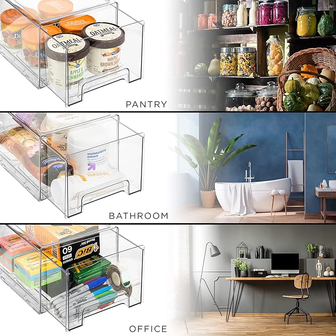 Sorbus Clear Storage Drawers for Refrigerator with Handles (Large, 2 Pack) | Pull-out plastic bins with easy access for pantries, refrigerators and kitchens; stackable slide organization. - Image 5