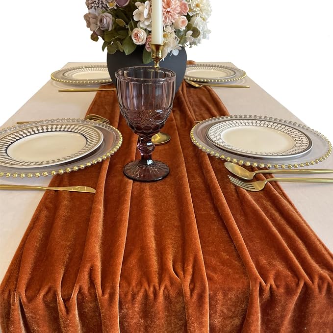 Luxurious Velvet Table Runner, Terracotta 120 Inches Wedding Table Runners, 10ft Velvet Home Party Table Decorations - Image 5