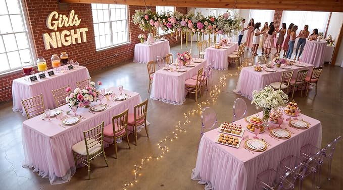CO-AVE 6pack Pink Tulle Tablecloth for 8ft Rectangular Tables, 2-in-1 Elastic Stretch Spandex Cover with Tutu Ruffle Skirt, Wrinkle Free for Wedding, Birthday, Banquet, Buffet, Bridal Shower - Image 9
