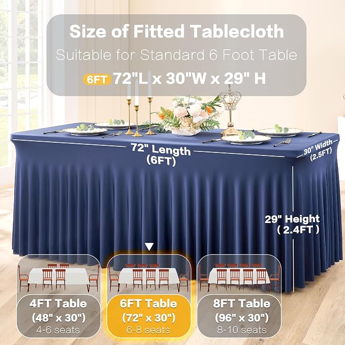3 Packs Navy Blue Spandex Tablecloths for 6 Foot Rectangle Tables, Stretchy Fitted 6FT Blue Table Skirt for Wedding Party, Wrinkle Free Tablecloths for Banquet Wedding Birthday Party - Image 6