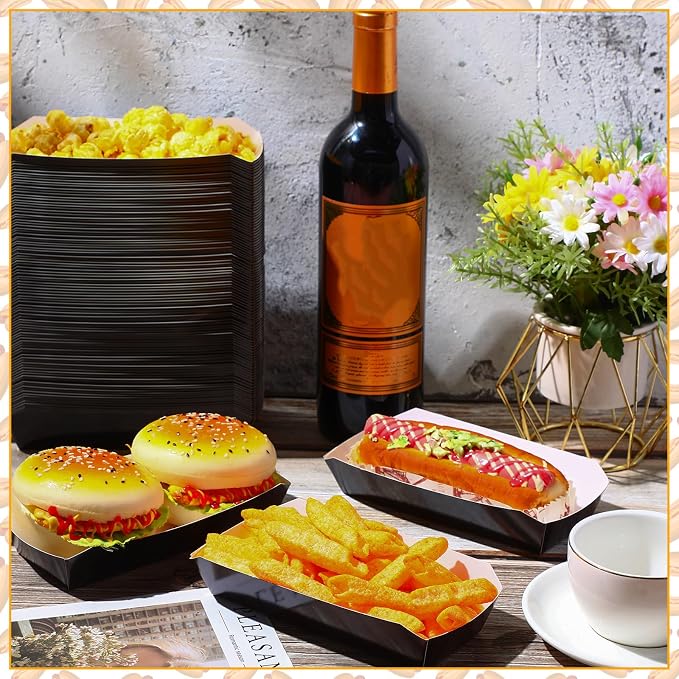 Rtteri 200 Pcs 2lb Paper Food Tray Disposable Food Boats Hot Dog Tray 7 Inch Nacho Trays Take out Food Serving Trays for French Fries, Tacos, Hot Dog, Corn, BBQ Festival Party Supplies (Black) - Image 7