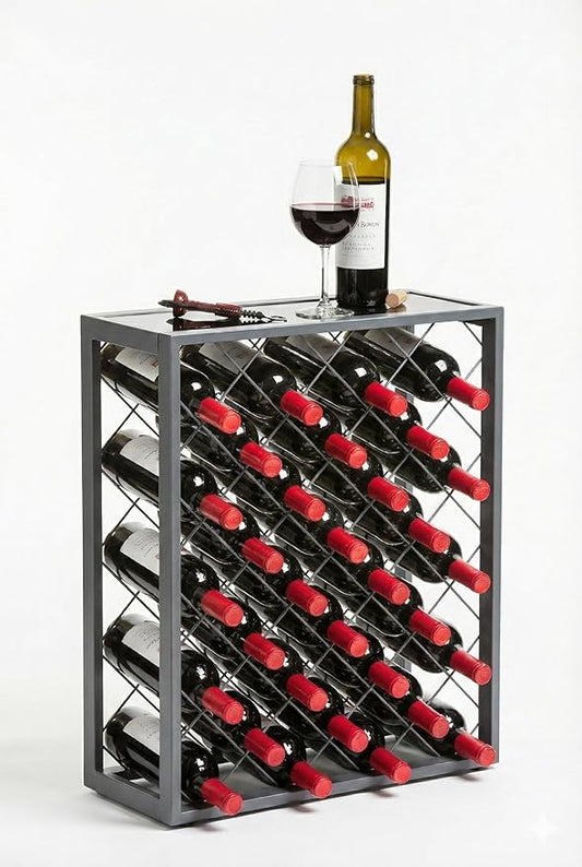 Mango Steam 32 Bottle Gray Wine Rack with Gray Glass Top Shelf, Free Standing for Home, Kitchen and Bar