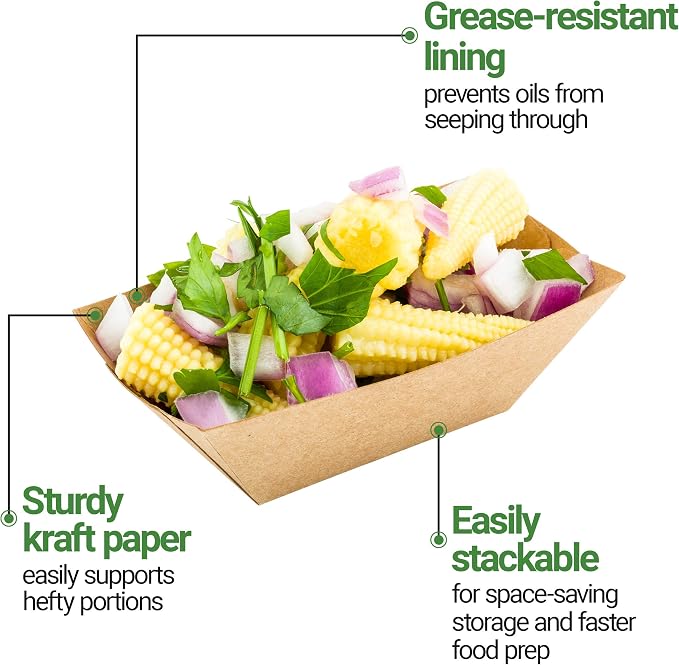 Restaurantware-Bio Tek 2 Ounce Food Trays, 400 Disposable Paper Food Trays - Heavy-Duty, Grease-Resistant, Kraft Paper Food Boats, For Snacks, Appetizers, Or Treats, Use At Parties Or Carnivals - Image 18