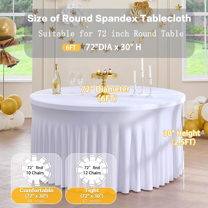 6pk Round Spandex Tablecloths for 72inch Table, Wrinkle Free Stretchy 132inch Fitted 6FT Round Table Cloths Cover Skirt for Wedding Birthday Party Bridal Shower Banquet Events - Image 6