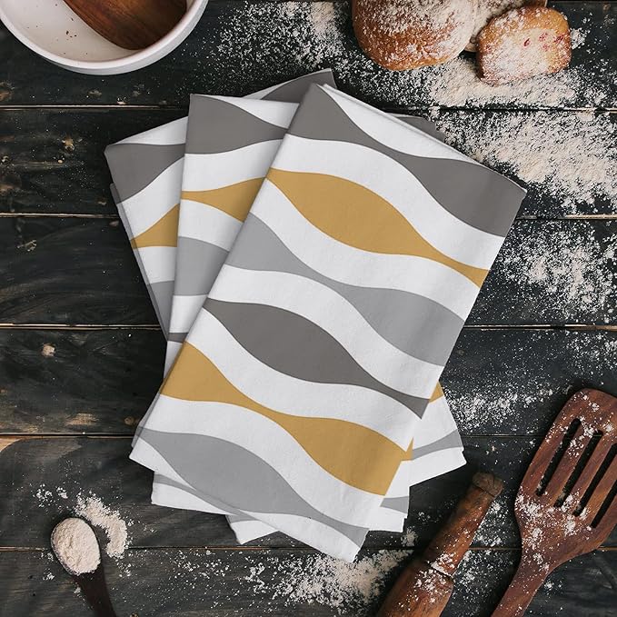 T&H XHome Kitchen Dish Towels 3 Pack-Super Absorbent Soft Microfiber,Mid-Century Modern Geometric Yellow Gray Pattern Cleaning Dishcloth Hand Towels Tea Towels for Kitchen Bathroom Bar - Image 2