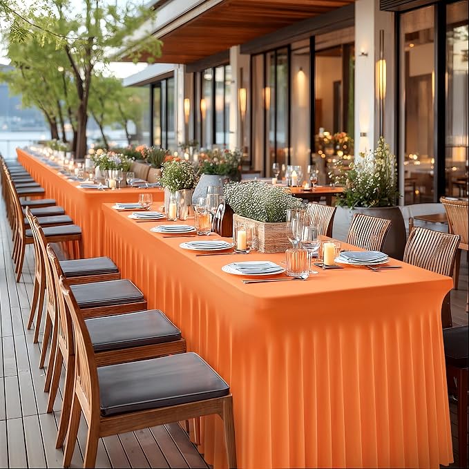Wish Care 6 Pack Orange Spandex Table Clothes for 8 Foot Rectangle Tables, 8FT Wrinkle Free Fitted Tablecloths Ruffles Design Table Cover for Party, Banquet, Wedding and Events - Image 4