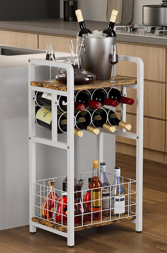 3-Tier Wine Rack Freestanding Floor with Wood Top, Liquor Stand with Wine Bottle Holder, Corner Wine Bar Table for Small Space, Metal Whiskey Shlef for Kitchen, Cellar, Living Room, White