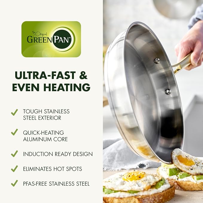 GreenPan Stainless Steel Cookware Set, 11 Piece, Induction Cookware, Dishwasher Safe, Oven Safe to 600F, Large 8QT Stock Pot, Sauce, Saute, Frying Pans, Pots & Pans Kitchen Essentials, Gold - Image 3