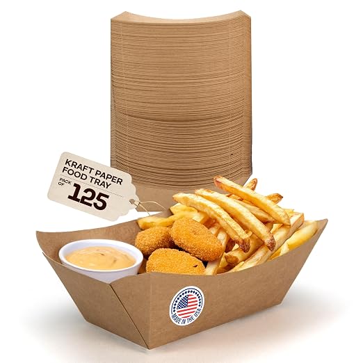 IDL Packaging 6.2" x 4.5" x 2" Kraft Paper Food Trays (Pack of 125) - USA-Made, Food-Safe Poly-Coated for Extra Moisture Resistance - Recyclable Trays for Fries, Burgers, Appetizers & Side Dishes by IDLPackaging