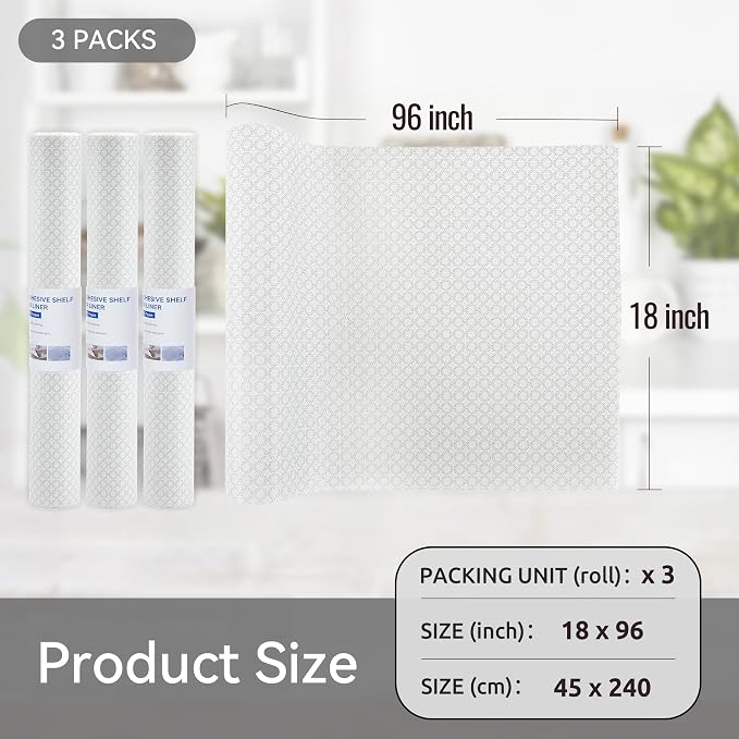 FIFTY FEET 18"x96" Non-Adhesive Shelf Liner for Kitchen Cabinets and Drawers, Washable Non-Slip PVC Cabinet Liner (White Circle)(3 Roll) - Image 5
