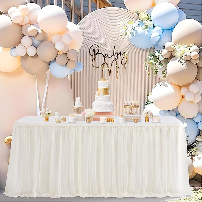 108in Ivory Tulle Table Skirts for Rectangle Tables 6/8/4ft, 2 Layer Gold Grim Ruffle Cream Tulle Tutu Table Skirt 9ft Decor Wedding Birthday Party Baby Shower Cake Dessert Tables(No Table Cover) - Image 5