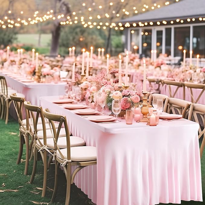 Wish Care 2 Pack Pink Spandex Table Clothes for 4 Foot Rectangle Tables, 4FT Wrinkle Free Fitted Tablecloths Ruffles Design Table Cover for Party, Banquet, Wedding and Events - Image 6