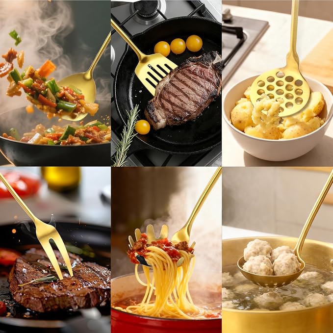 Izurok 18/10 Stainless Steel Kitchen Utensils Set,10 Piece Cooking Utensils With Wood Handle,Heat Resistant Kitchen Tool Set With Spatula,Spoon,Ladle,Skimmer,Slotted Turners,Pasta,Turner,Ladl,Fork - Image 7