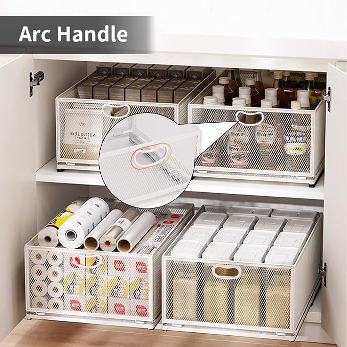 Sliding Cabinet Basket Organizer Drawer Self Adhesive Slide out Pantry Shelves Heavy Duty Carbon Steel Slide Cabinet Storage Basket with Handle for Bathroom Kitchen Home - Image 9