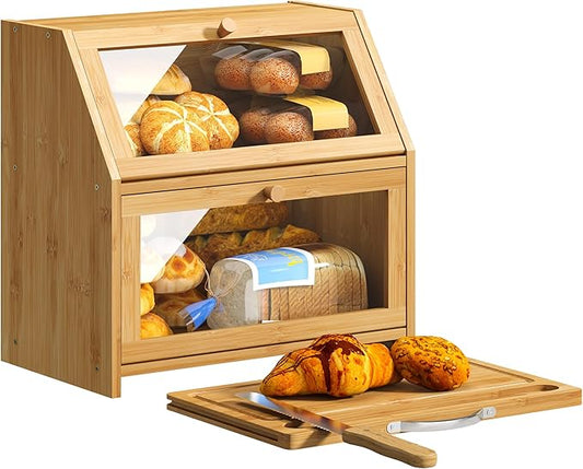 BMOSU Bread Box with Cutting Board Kitchen Bread Storage Organizer Farmhouse Countertop Double Bamboo Wood Bread Box(Natural)