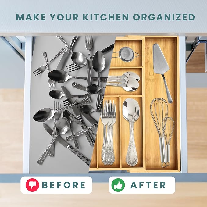 Sben Bamboo Cutlery Drawer Organizer, Expandable up to 19.7 Inch Silverware Drawer Organizer with 8 Compartments, Utensil Tray and Flatware Organizer for Kitchen Drawers (Bamboo, Large) - Image 5