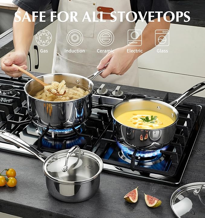 KOCH SYSTEME CS Triply Stainless Steel Saucepan Set, 1QT & 2QT & 3QT Stainless Steel Pot Set with lid, Diswasher & Oven Safe, Induction Compatible Pot, 6PCS - Image 4