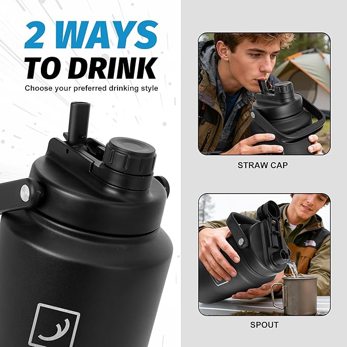 NATURE PIONEOR 1 Gallon (128oz) Insulated Water Bottle Jug with Carrier Bag | 18/8 Food-grade Stainless Steel, Double Vacuum Insulation, Wide-Mouth, Straw & Spout Lid, Strap, Camping, Hiking, Gym, Work - Image 3