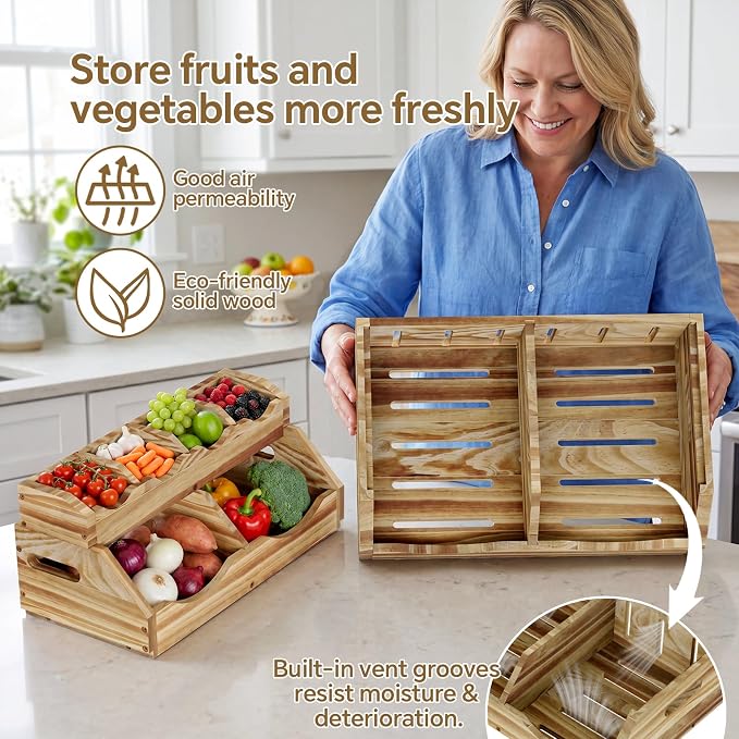 3-Tier Solid Wood Potato and Onion Storage Bin for Kitchen Counter, Stackable Fruit Vegetable Basket with 4-Compartment Top Tray Removable Adjustable, Ventilated Pantry Organizers and Storage - Image 4