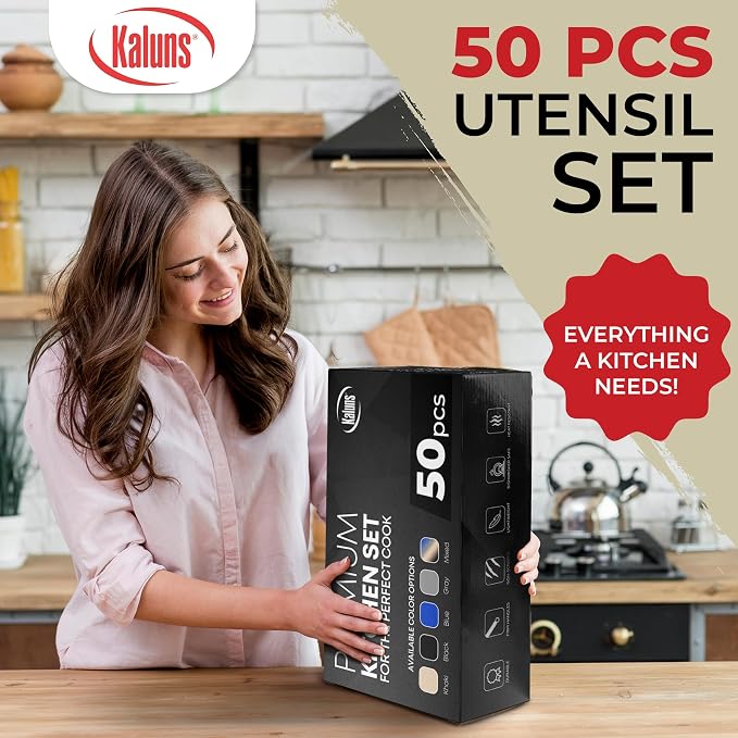 Kaluns 50 PCS Silicone Kitchen Utensils Set Complete Kitchen Set - 800°F Heat Resistant Non-Stick Premium Silicone Cooking Utensils W Wooden Handles - Can Opener, Masher, Turner, Silicone Spatula Set - Image 3