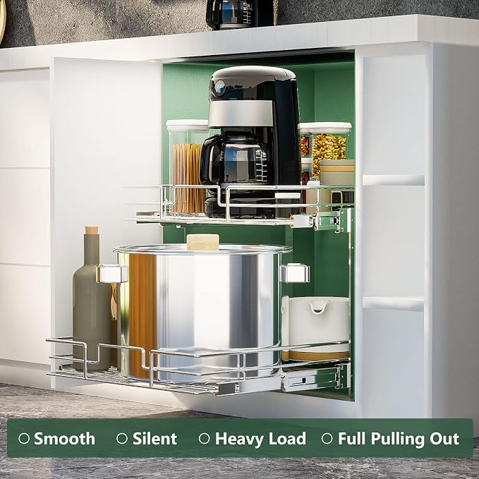 LOVMOR 2 Tier Individual Pull Out Cabinet Organizer 15½" W x 21½" D, Slide Out Kitchen Cabinet Storage Sliding Shelves - Image 2