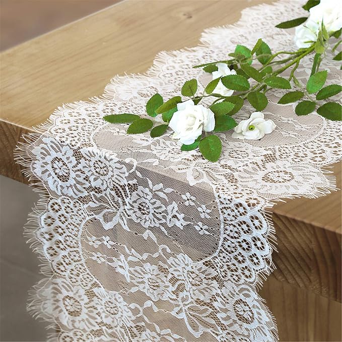 White Lace Table Runner 2 Pieces 14x120 Inch Vintage Rustic Farmhouse Chic by LuoluoHouse