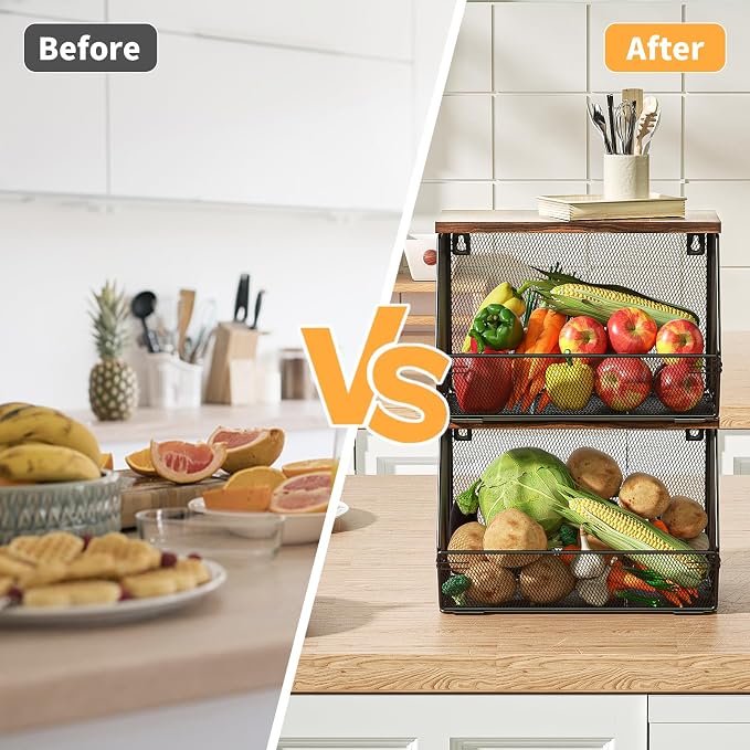 Stackable Fruit Basket for Kitchen Countertop Space Saving, Wall Mounted Mesh Metal Wire Basket with Wood Lid Extra Storage, 2 Pack Kitchen Counter Organizer for Snack, Onion and Potato Storage, White - Image 3