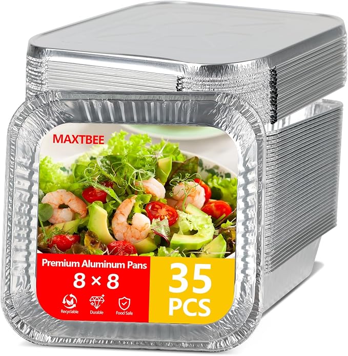 8x8 Aluminum Foil Pans with Lid, 35 Pack Disposable Trays Half Size Heavy Duty Tin Pans Deep Food Containers For Cooking, Meal Prep, Baking, Roasting, Chafing, Heating or Steam Table by Unknown