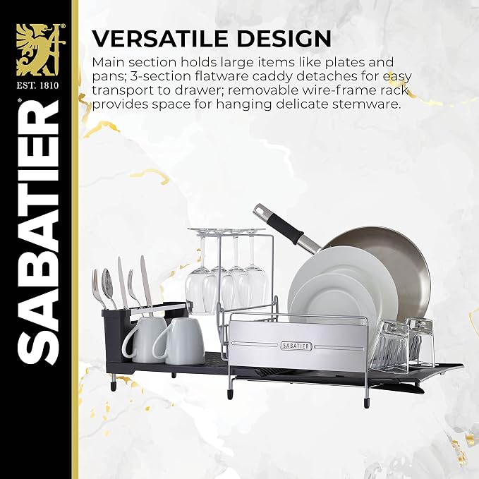 Sabatier Expandable Dish Drying Rack with Drainboard - Stainless Steel Dish Rack for Kitchen Counter, Stemware Holder and Utensil Caddy Included - Image 4