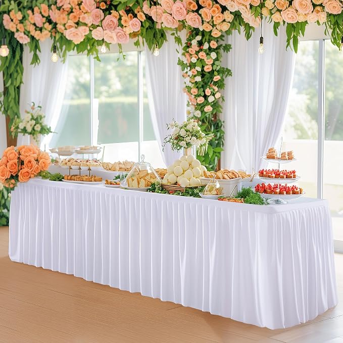 Wish Care White Polyester Table Clothes for 8 Foot Rectangle Tables, Wrinkle Free Fitted Table Cover with Pleated Ruffle Table Skirt for Birthday Party Wedding Trade Show Event Display - Image 7