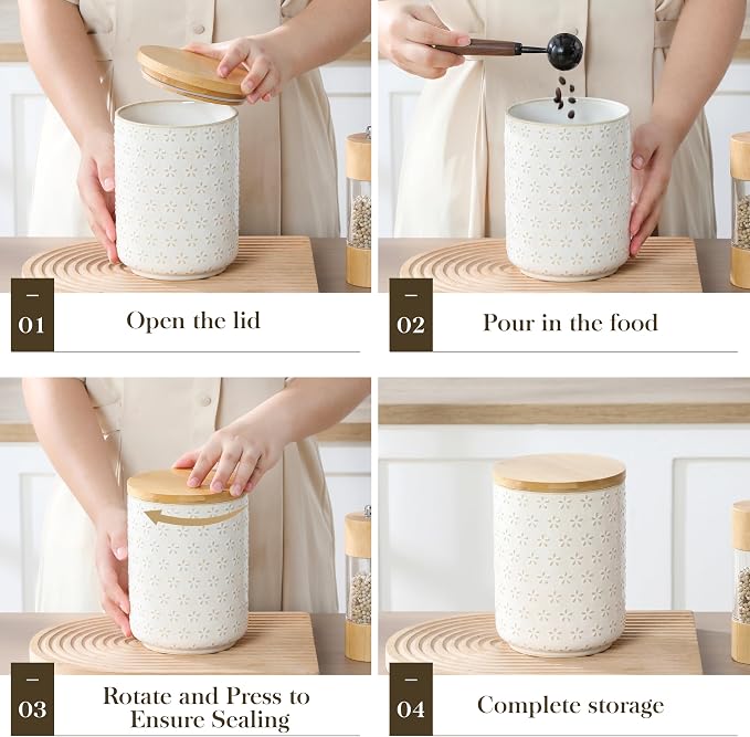 MALACASA LYDIA Ceramic Canisters Set with Airtight Lids, 80/40/20 oz Coffee Canisters Sets for the Kitchen, Large Jars for Flour, Sugar, Pasta, Coffee, Cookies, Tea - Set of 3, Five-Leaf Grass - Image 4