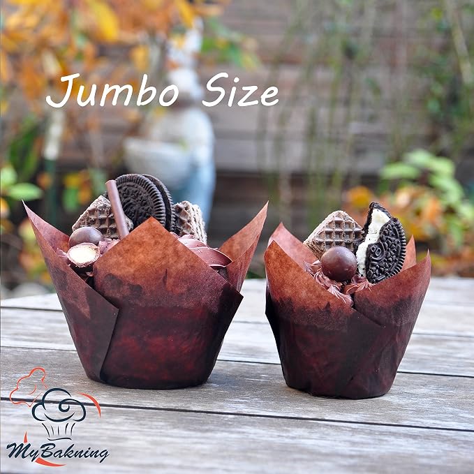 (Jumbo Extra Large size) Brown+White Tulip Baking Cups 2-1/4"(Base diameter) x 3-3/4"(Wall height) Greaseproof paper baking cupcake Muffin liners, Case of 130 pcs - Image 4