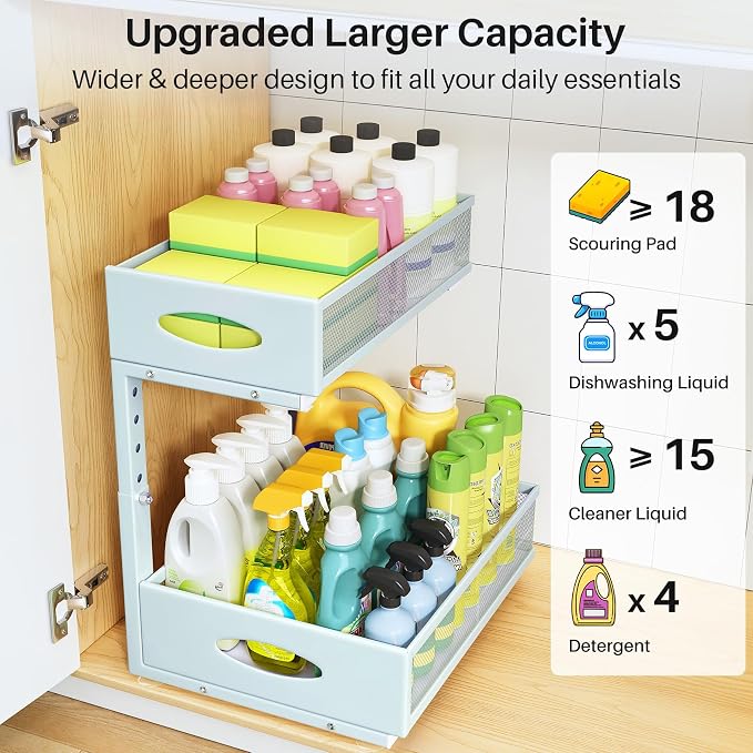 Under Sink Organizer, 2 Tier Pull Out Under Cabinet Organizer Shelf with Pad for Framed Cabinets, Metal Slide Out Under Sink Storage, Mesh Sliding Drawers for Kitchen Bathroom Laundry(Blue, 1 Pack) - Image 3