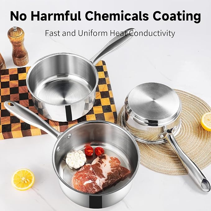 SLOTTET 1Qt & 2Qt Stainless Steel Sauce Pan Set with Lid,4 Pcs Non Stick Saucepan,Small Kitchen Pots,Induction Compatible,PFOA FREE - Image 2