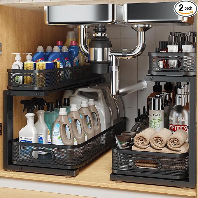 2 Pack 21.3IN-Depth Under Sink Organizer with Smooth Cylindrical Rail,2-Tier Pull Out Multi-Purpose Cabinet Storage for Bathroom&Kitchen,Height Adjustable,Rust-Resistant Coating-Black by UnderSinkOrganizer