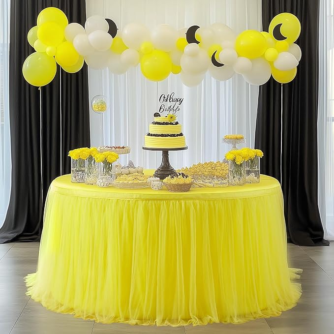 108in Yellow Tulle Table Skirts for Rectabgle Tables 6/8/4ft, 2-Layer Gold Grim Ruffle Tulle Tutu Cloth Table Skirt 9ft Decor Bee Themed Birthday Party Wedding Baby Shower Cake Dessert(No Table Cover) - Image 5