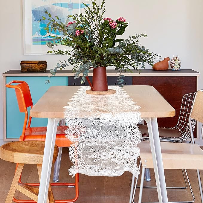 20 Pcs White Lace Table Runners 14 x 120 Inch for Wedding Bridal Shower Baby Shower Party Table Decoration, Rustic Rose Embroidered Boho Table Runner - Image 5