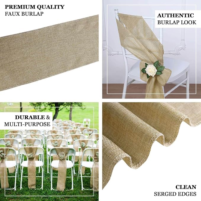 Efavormart 5 Pack | Natural Jute Faux Burlap Chair Sashes, Boho Chic Linen Decor - 6"x108" - Image 5