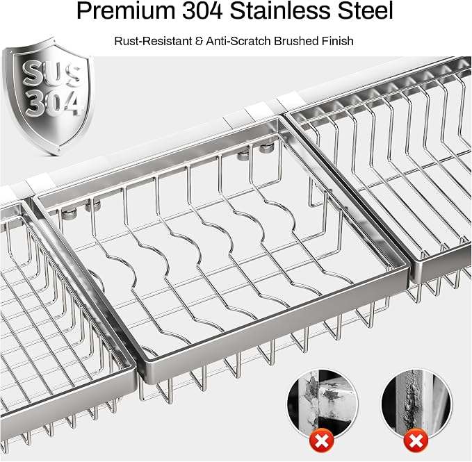 ADBIU Luxurious 304 Stainless Steel Over Sink Dish Drying Rack (Suitable for Sink Length 26.3"- 37.4") Snap-On Design 2 Tier Large Kitchen Dish Rack Stainless Steel Counter Organization and Storage - Image 3