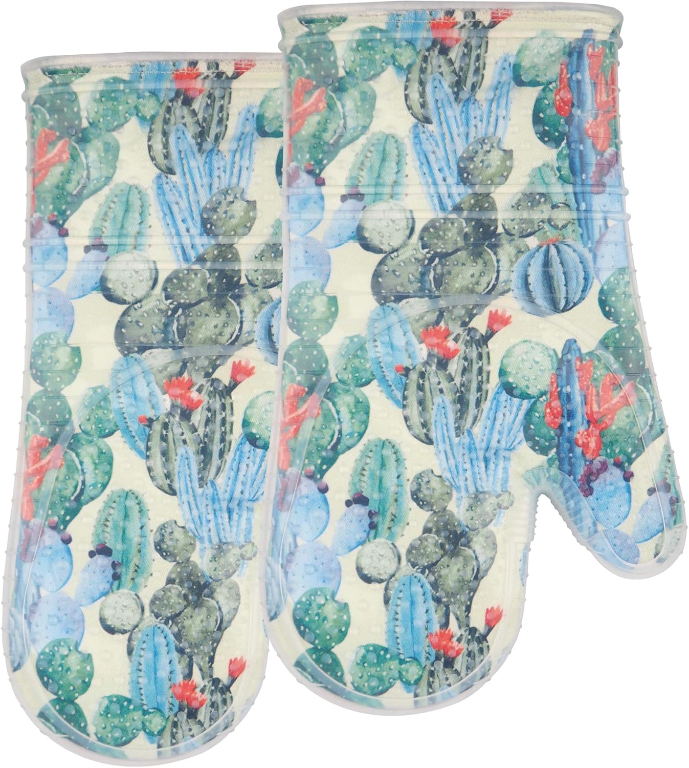 Oven Mitts Set of 2 with Transparent Clear Silicone Shell and Nice Fruit Flower Cotton Lining, Heat Resistant to 500 F Kitchen Oven Gloves Pot Holder for Cooking (Fruit Flower, Oven Mitts)