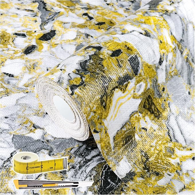 Drawer and Shelf Liner - Yellow Black Marble Pattern,Non Adhesive by Kimhan