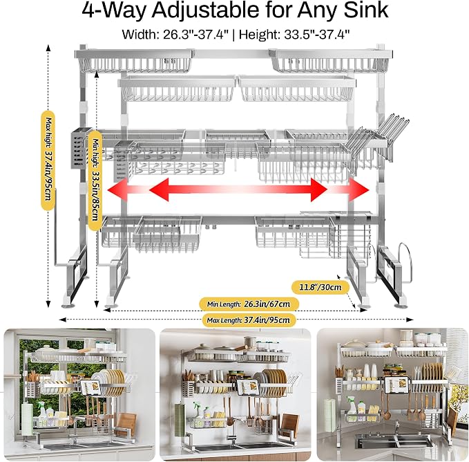 ADBIU Luxurious 304 Stainless Steel Over Sink Dish Drying Rack (Suitable for Sink Length 26.3"- 37.4") Snap-On Design 2 Tier Large Kitchen Dish Rack Stainless Steel Counter Organization and Storage - Image 2