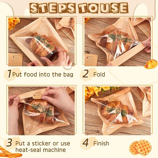 Outus 30 Pcs Cookie Packaging Bags with Seal, 7.1 x 7.5 Inch, Brown | Bakery Pastry Bags with Window, Heat Sealable Grease Resistant Paper to Go Bake Sleeves for Gift Giving Donut Bread Sandwich - Image 4